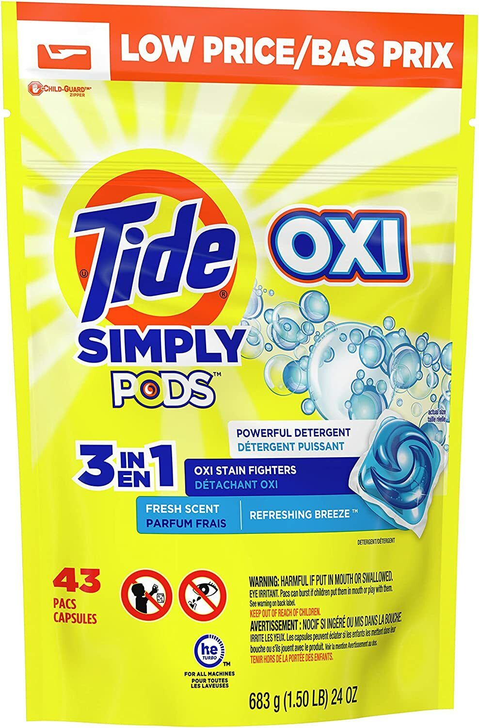 Tide Simply PODS + Oxi Laundry Detergent Liquid 43 Pacs 3-in-1 Refreshing Breeze