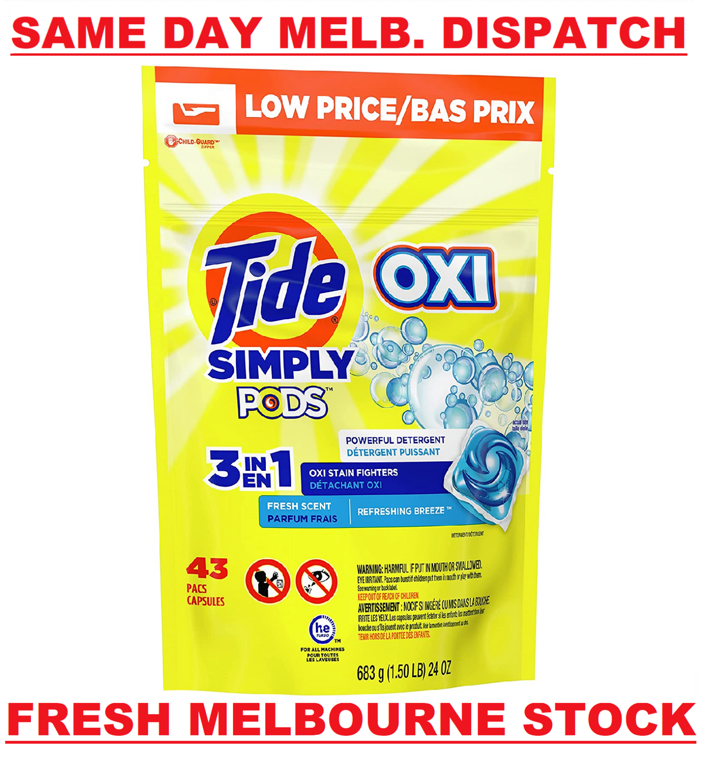 Tide Simply PODS + Oxi Laundry Detergent Liquid 43 Pacs 3-in-1 Refreshing Breeze